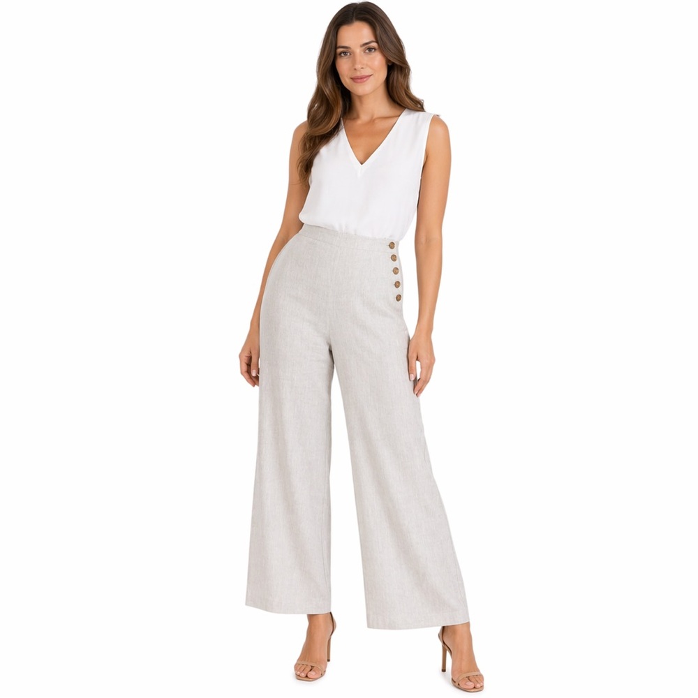 NEW Talbots Linen Pants Size 8 Petite Wide Leg Side Button Lagenlook Beach NWOT